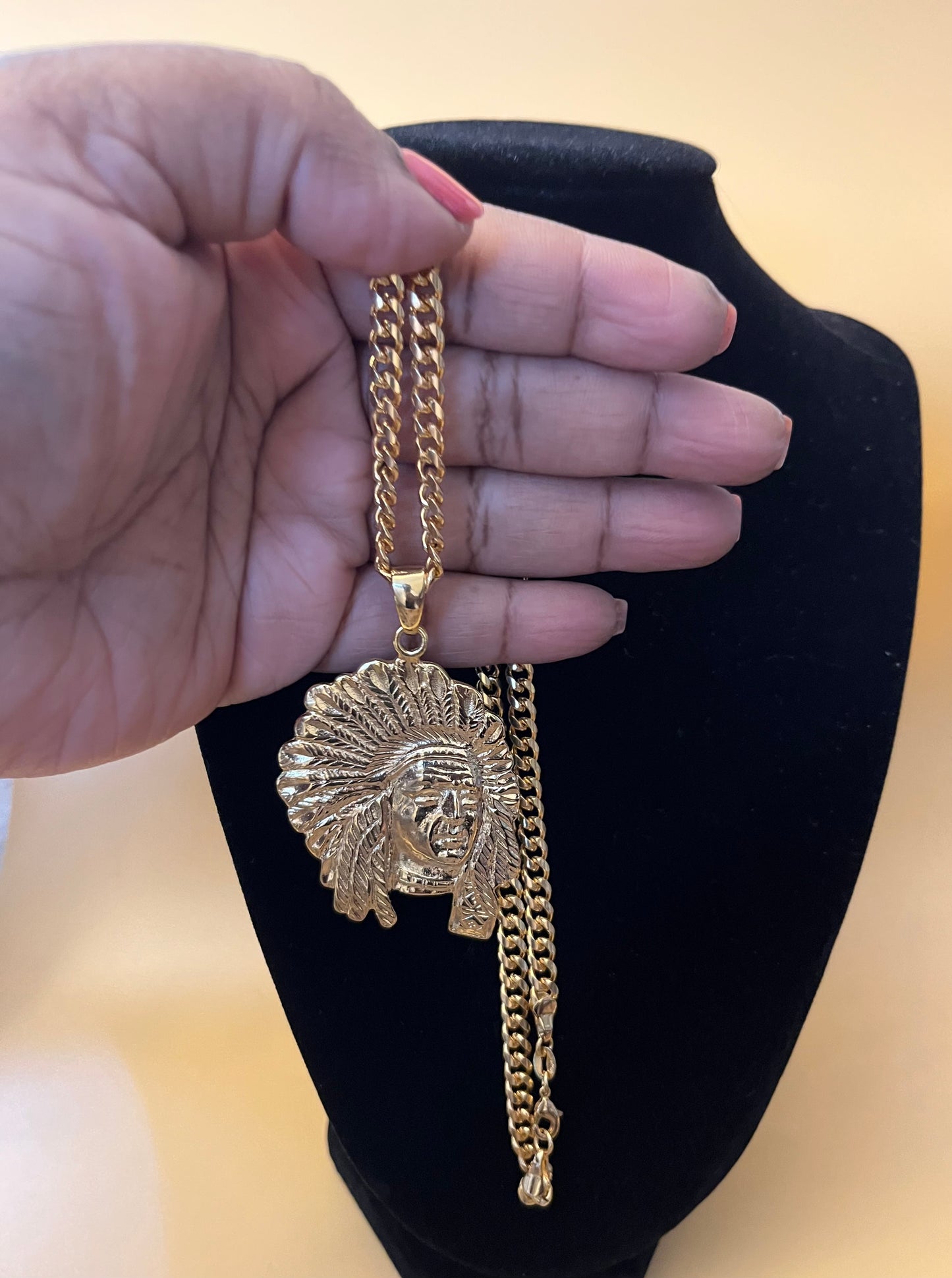 18K Gold Filled Native American Chief Pendant w/ 24 inch Cuban Link Chain