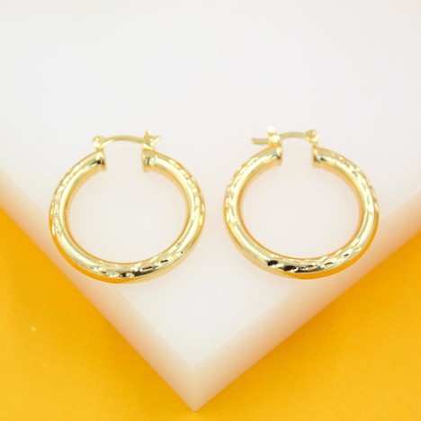 18K Large Gold Filled Thick Textured Latch Back Hoop Earrings