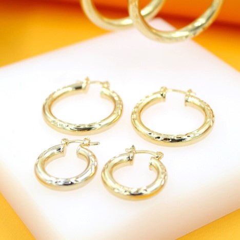 18K Large Gold Filled Thick Textured Latch Back Hoop Earrings