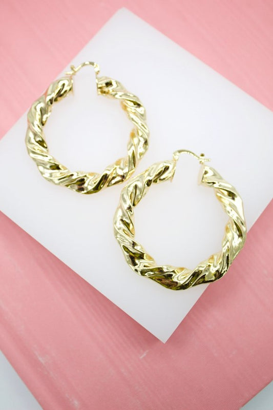 18K Gold Filled Twisted Thick Leverback Hoop Earrings