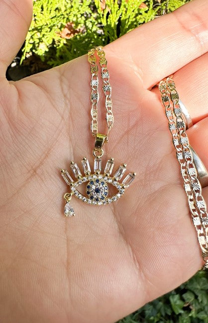 Baguette Diamond CZ Protection from Evil Eye Necklace w/Pendant