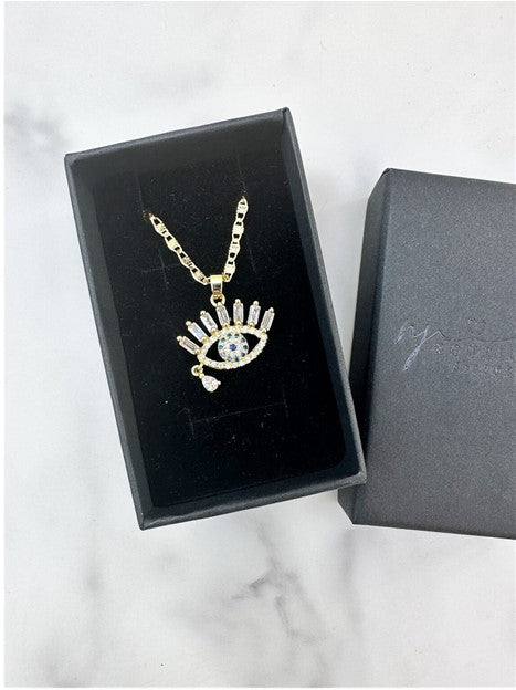 Baguette Diamond CZ Protection from Evil Eye Necklace w/Pendant