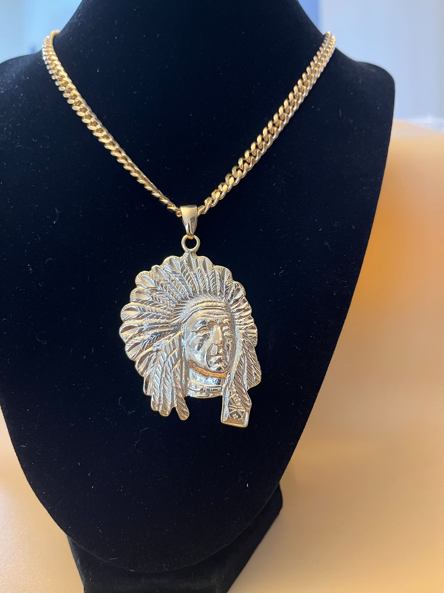 18K Gold Filled Native American Chief Pendant w/ 24 inch Cuban Link Chain