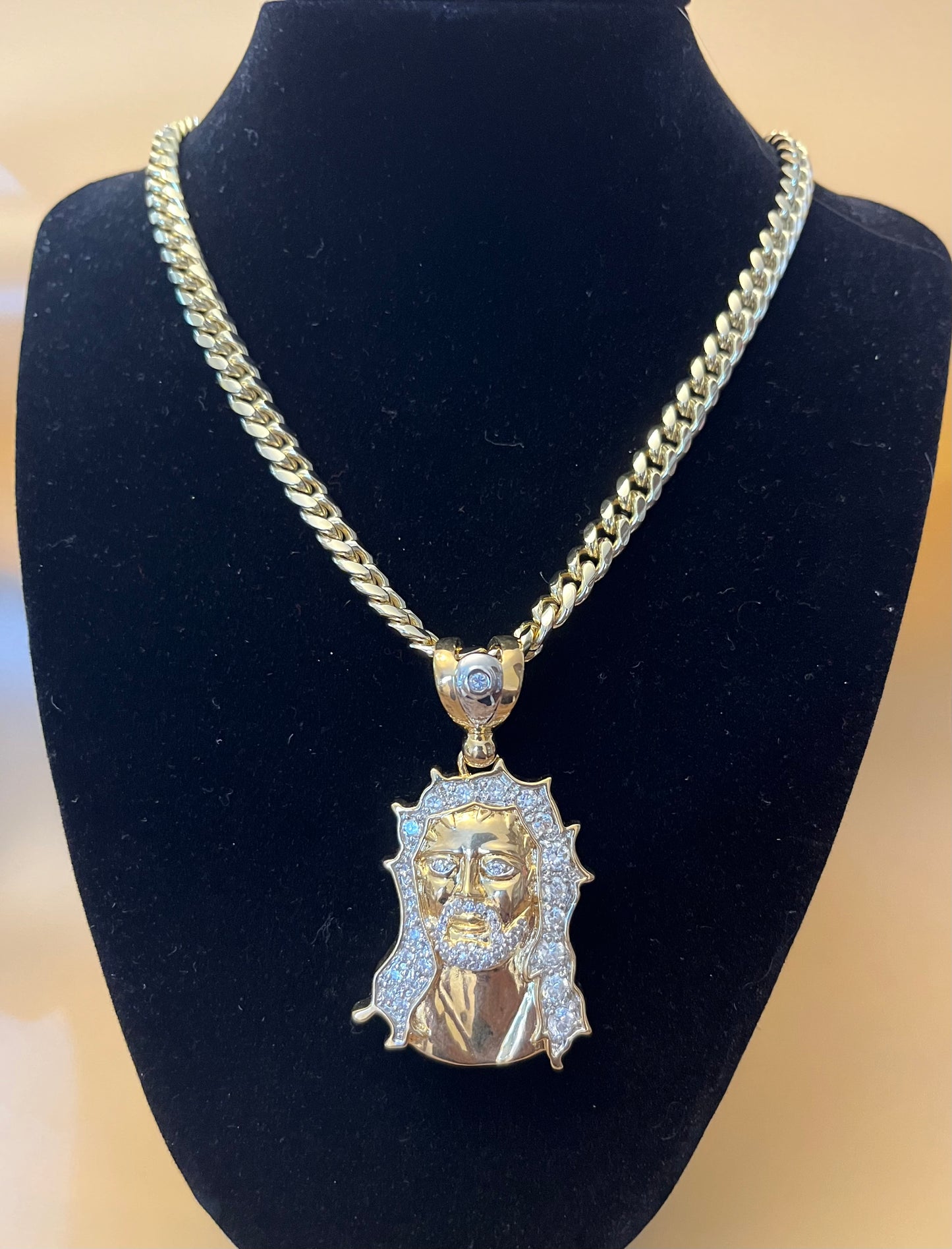 18k Gold Filled Jesus Face CZ Stones w/ 24 inch Cuban Link Chain