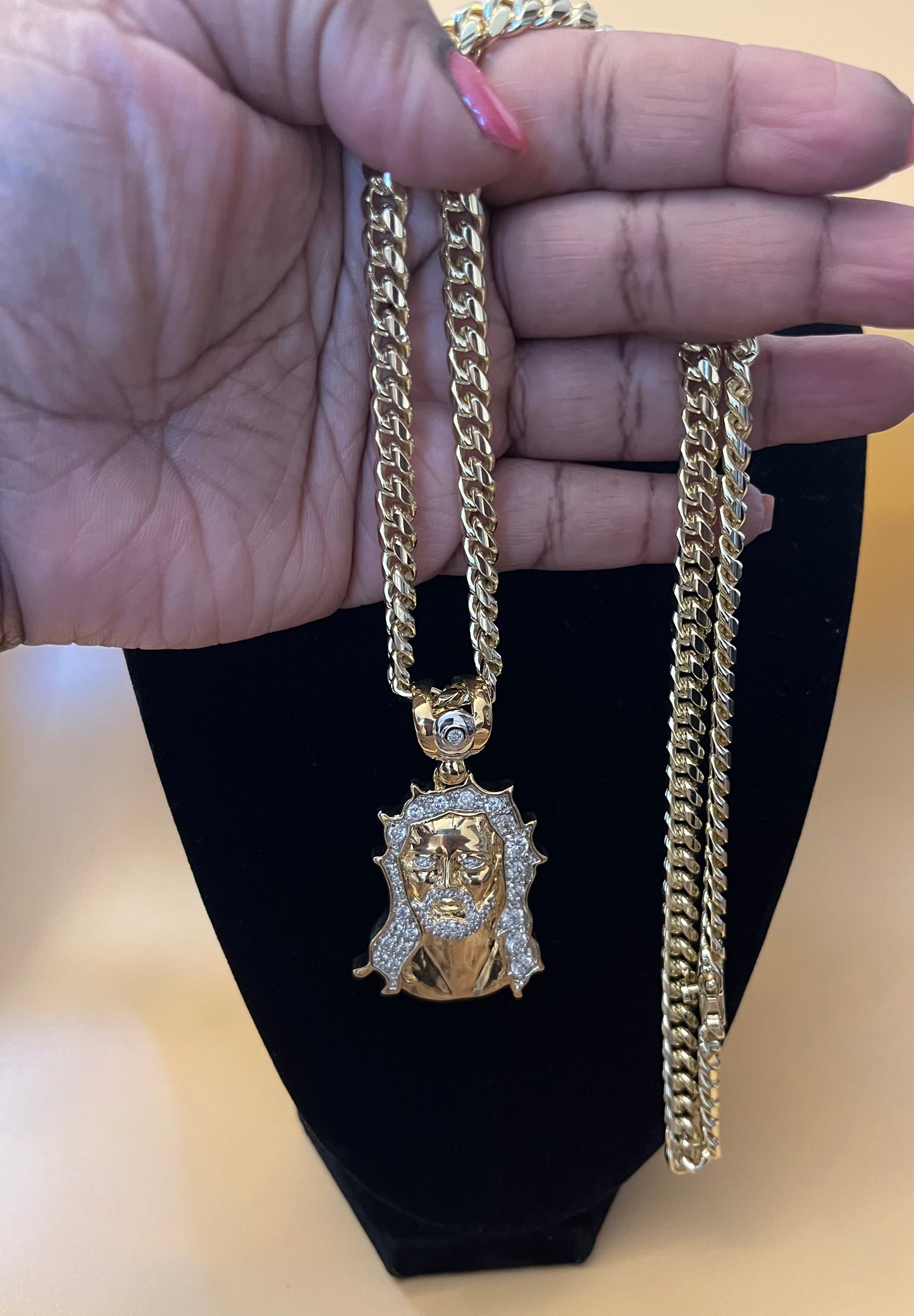 18k Gold Filled Jesus Face CZ Stones w/ 24 inch Cuban Link Chain