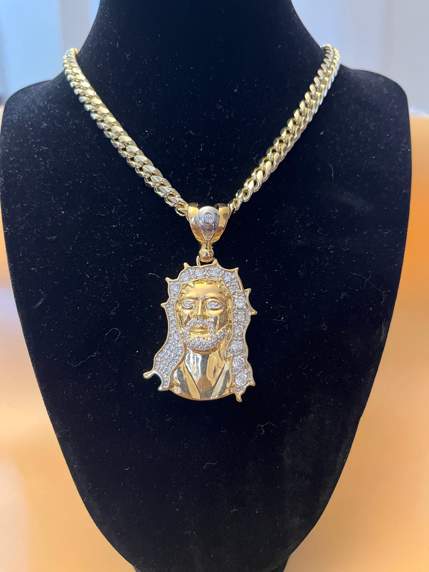 18k Gold Filled Jesus Face CZ Stones w/ 24 inch Cuban Link Chain