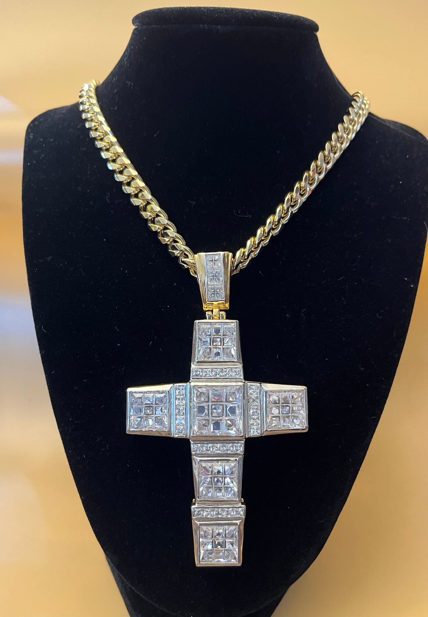 18K Gold Filled Giant Pavel Cross w/baguettes Crucifix With CZ w/ 9mm 24 inch Cuban Link Chain