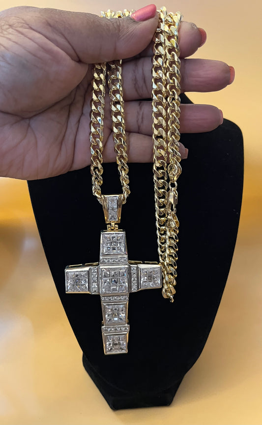 18K Gold Filled Giant Pavel Cross w/baguettes Crucifix With CZ w/ 9mm 24 inch Cuban Link Chain