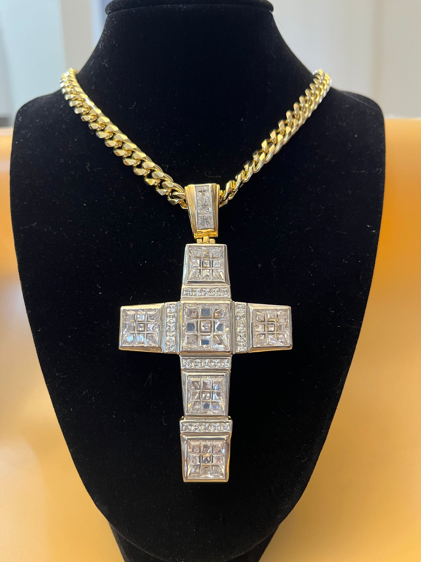 18K Gold Filled Giant Pavel Cross w/baguettes Crucifix With CZ w/ 9mm 24 inch Cuban Link Chain